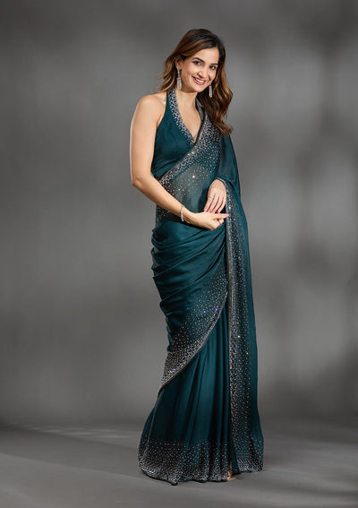 Teal Green Stonework Chiffon Saree-Koskii