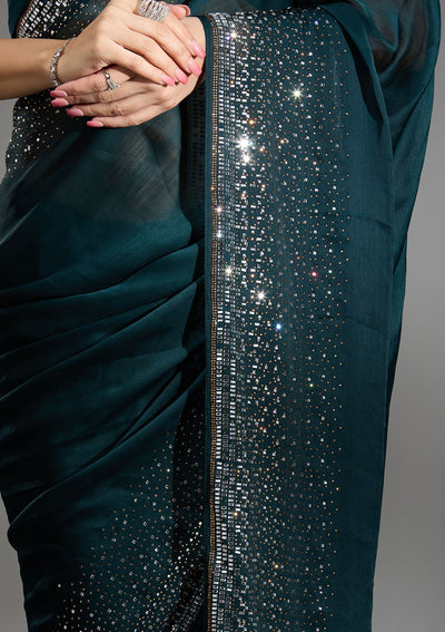 Teal Green Stonework Chiffon Saree-Koskii