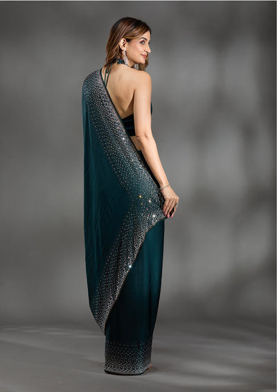 Teal Green Stonework Chiffon Saree-Koskii