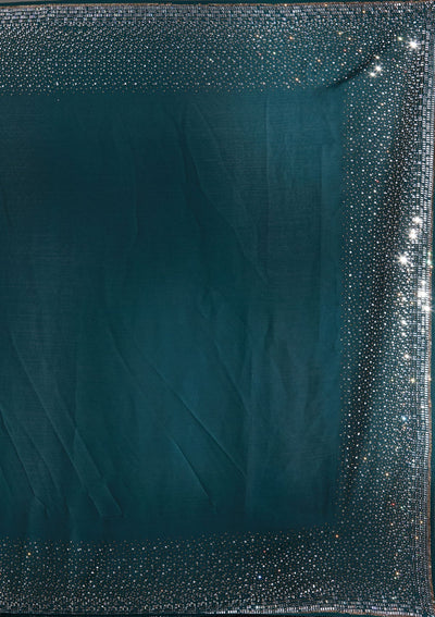 Teal Green Stonework Chiffon Saree-Koskii