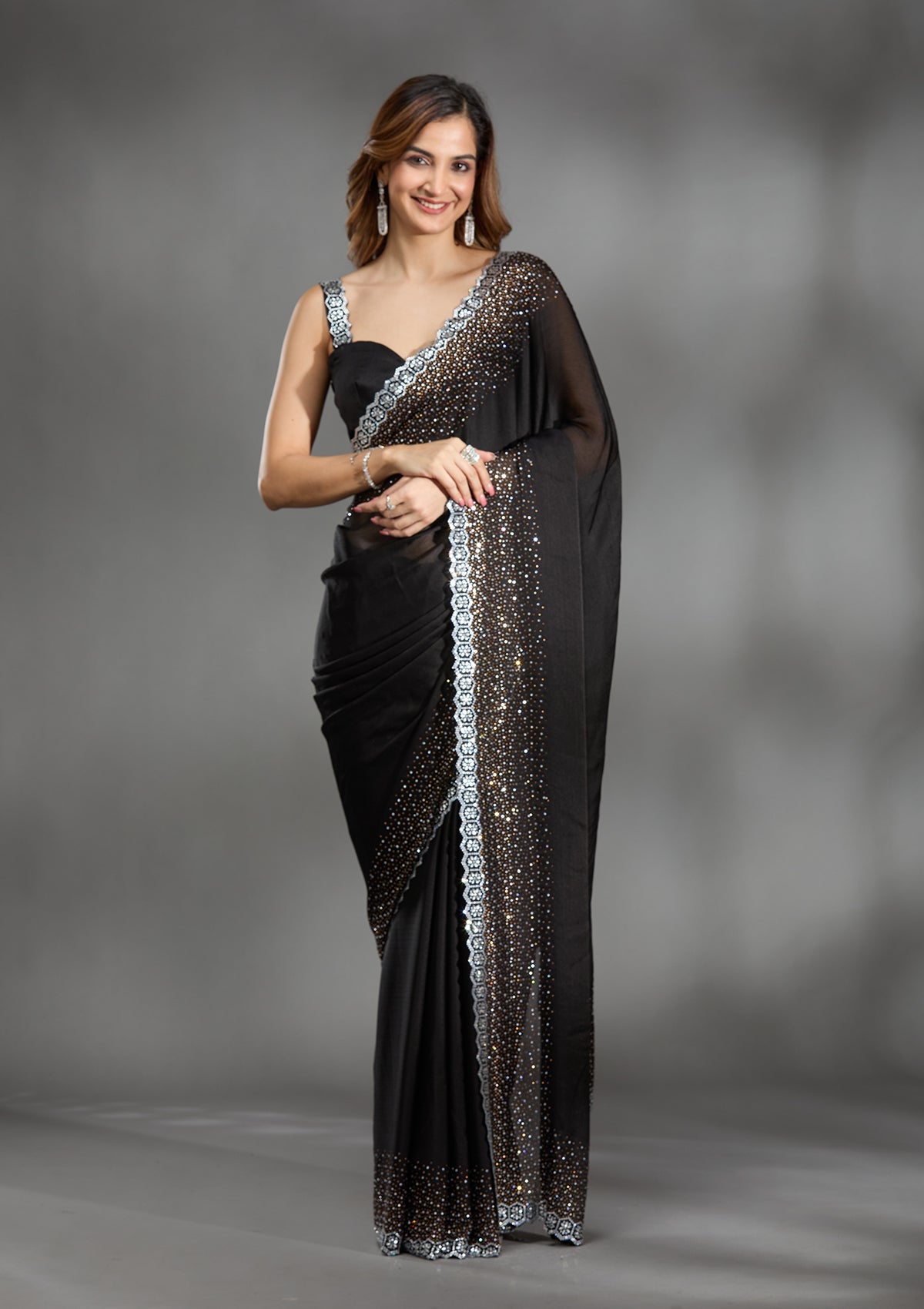 Black Stonework Chiffon Saree-Koskii