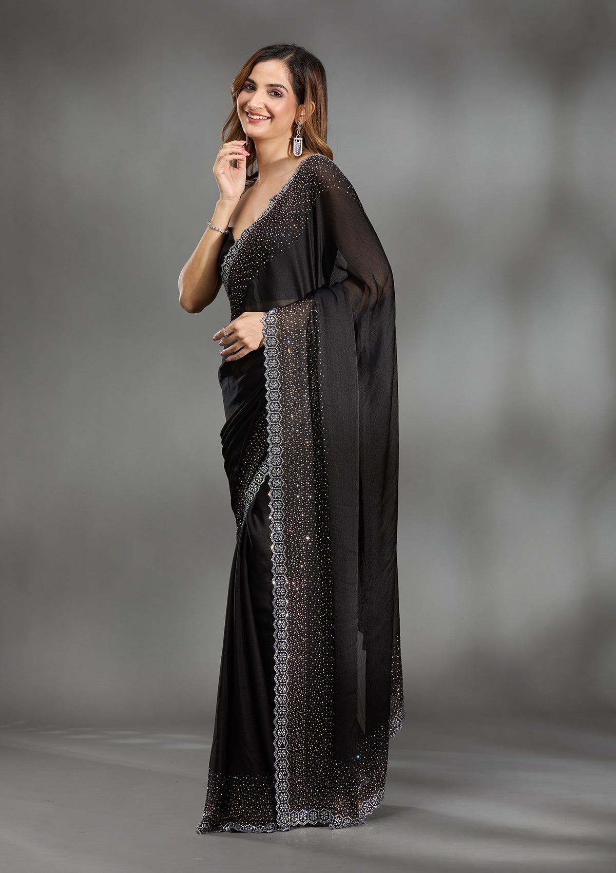 Black Stonework Chiffon Saree-Koskii
