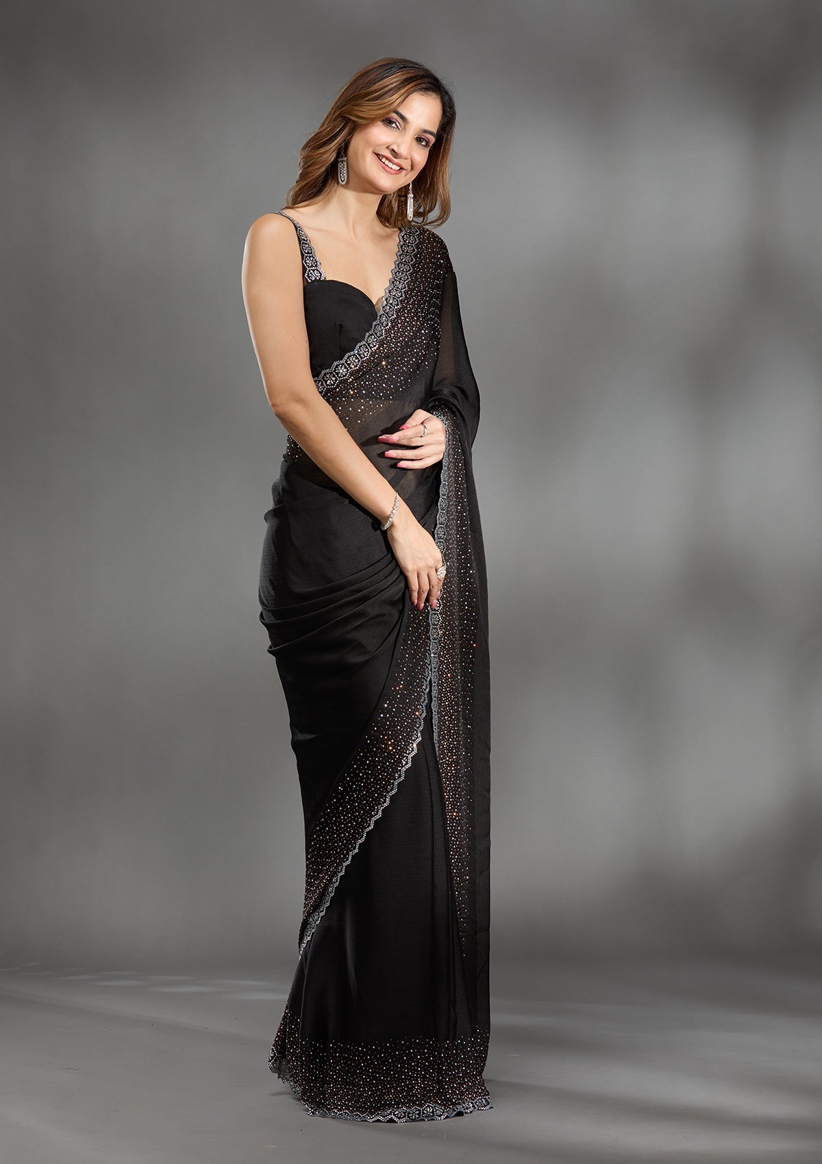Black Stonework Chiffon Saree-Koskii