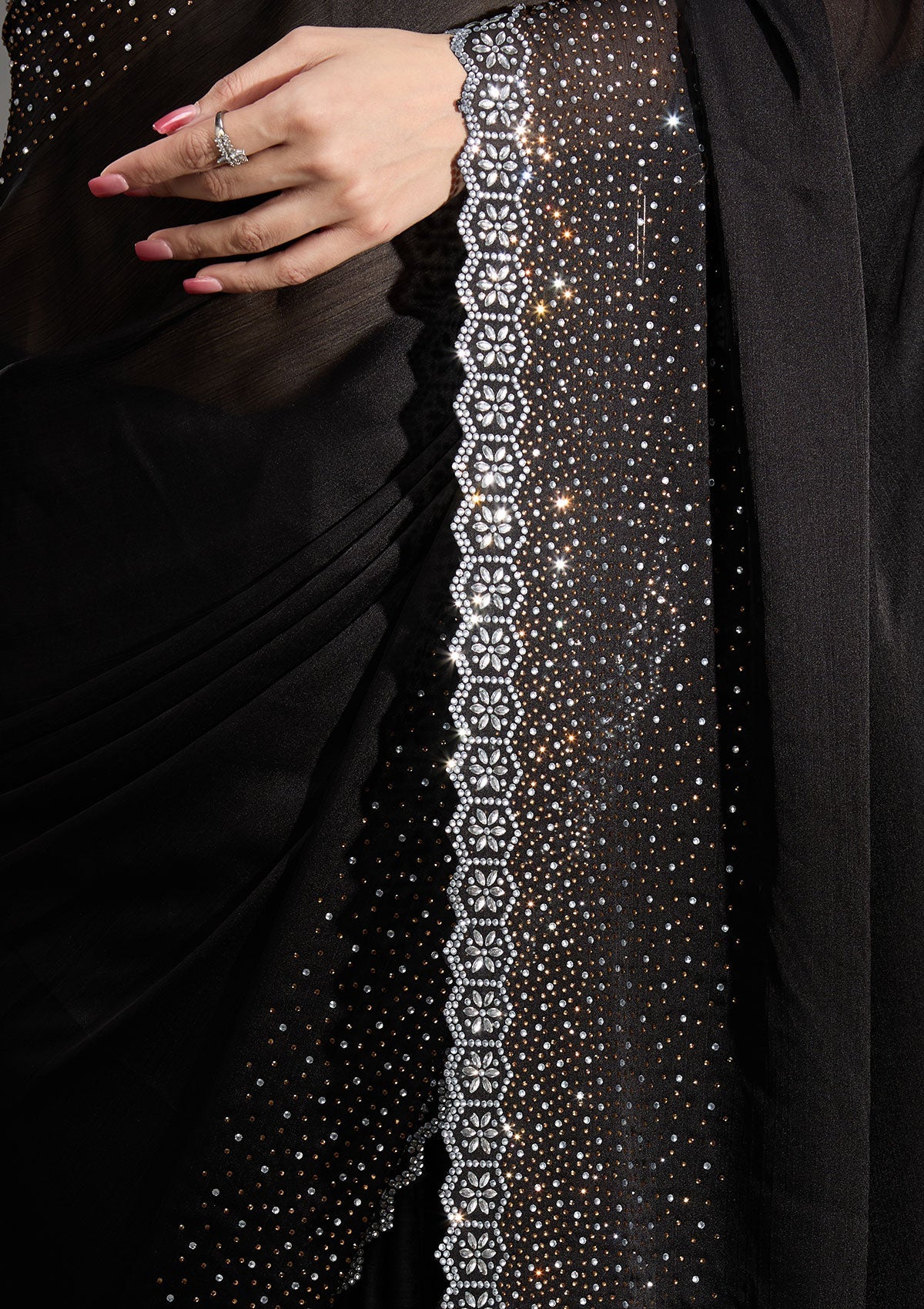 Black Stonework Chiffon Saree-Koskii
