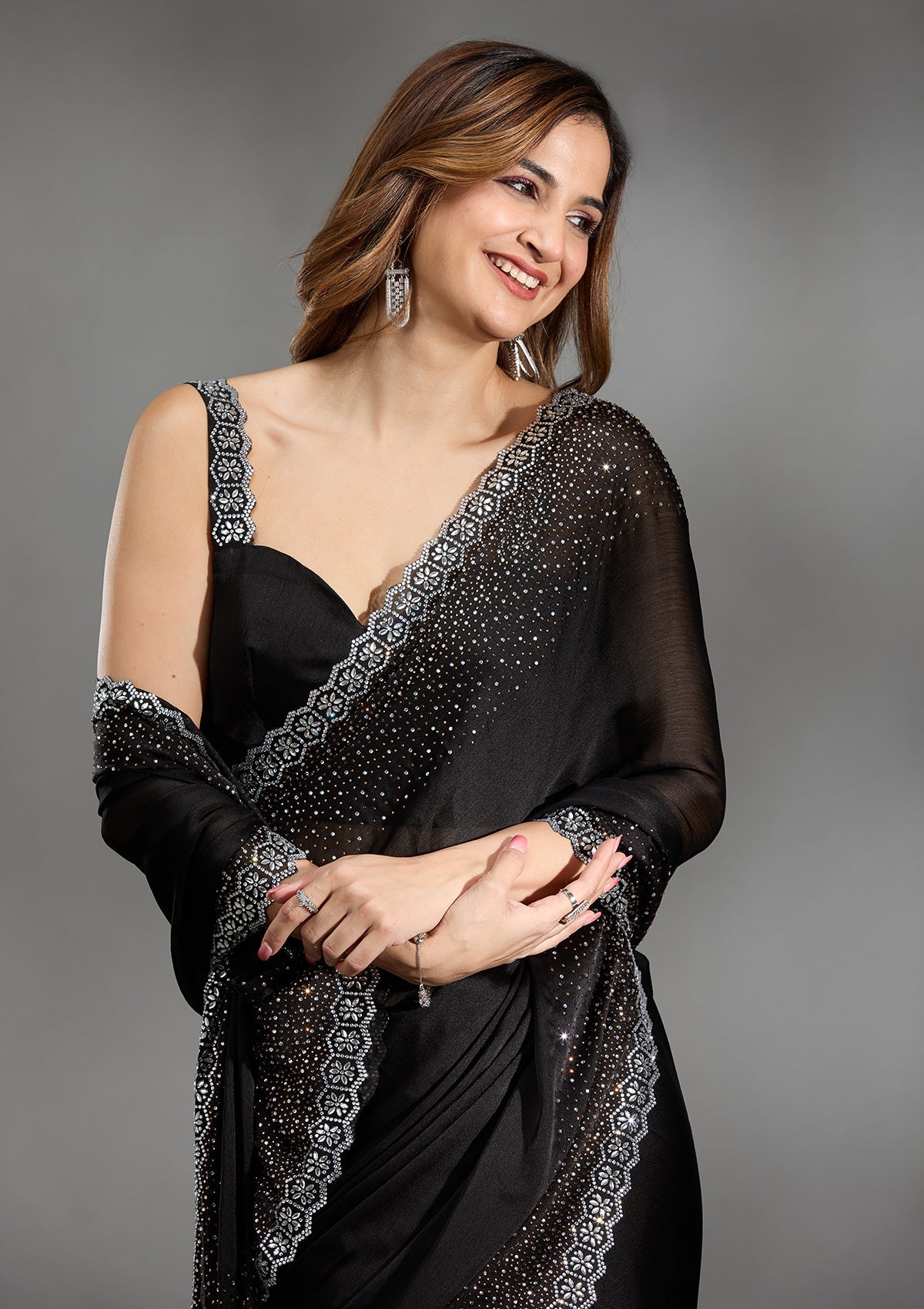 Black Stonework Chiffon Saree-Koskii