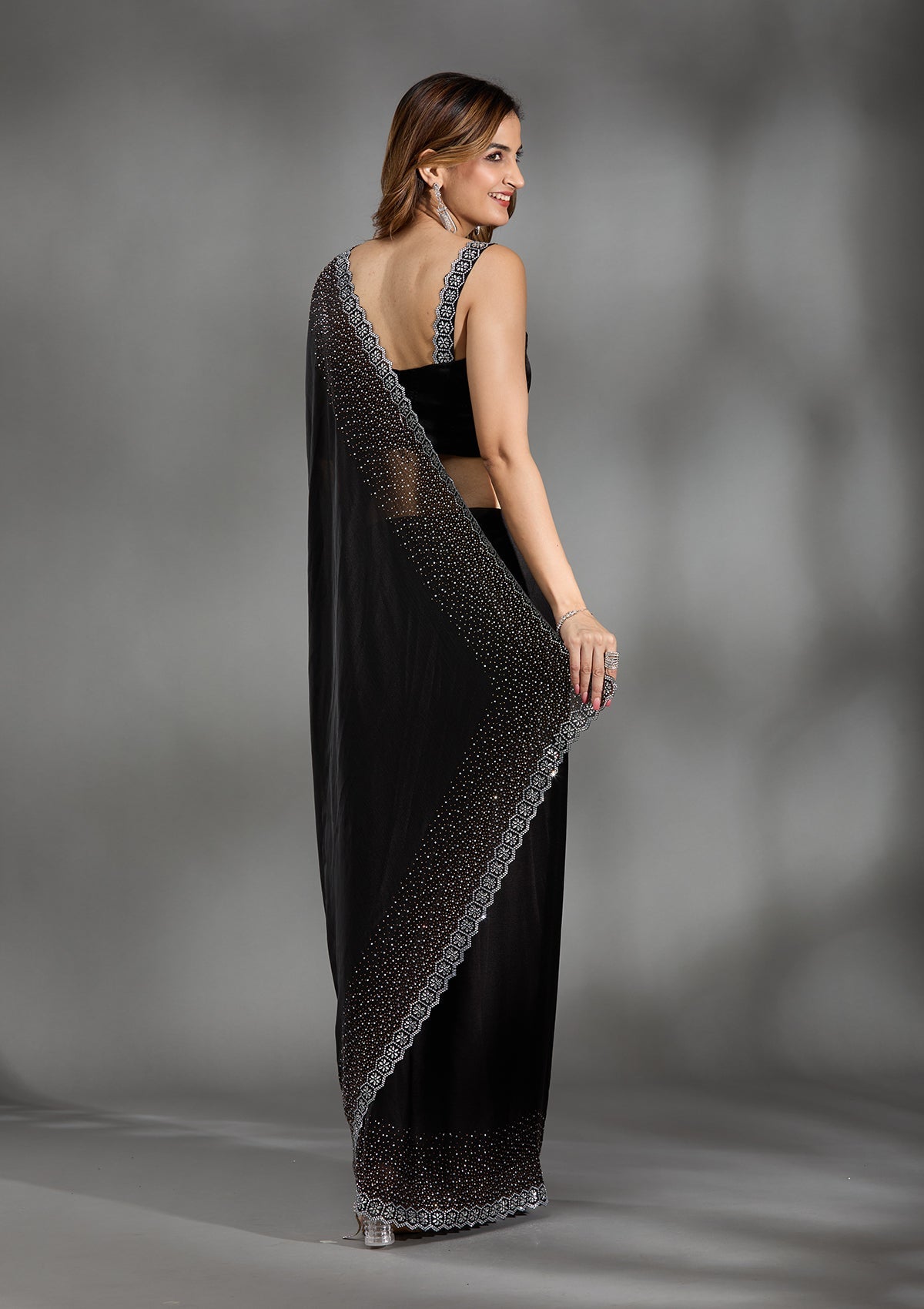 Black Stonework Chiffon Saree-Koskii