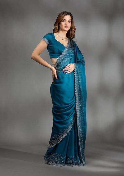Peacock Blue Stonework Chiffon Saree-Koskii