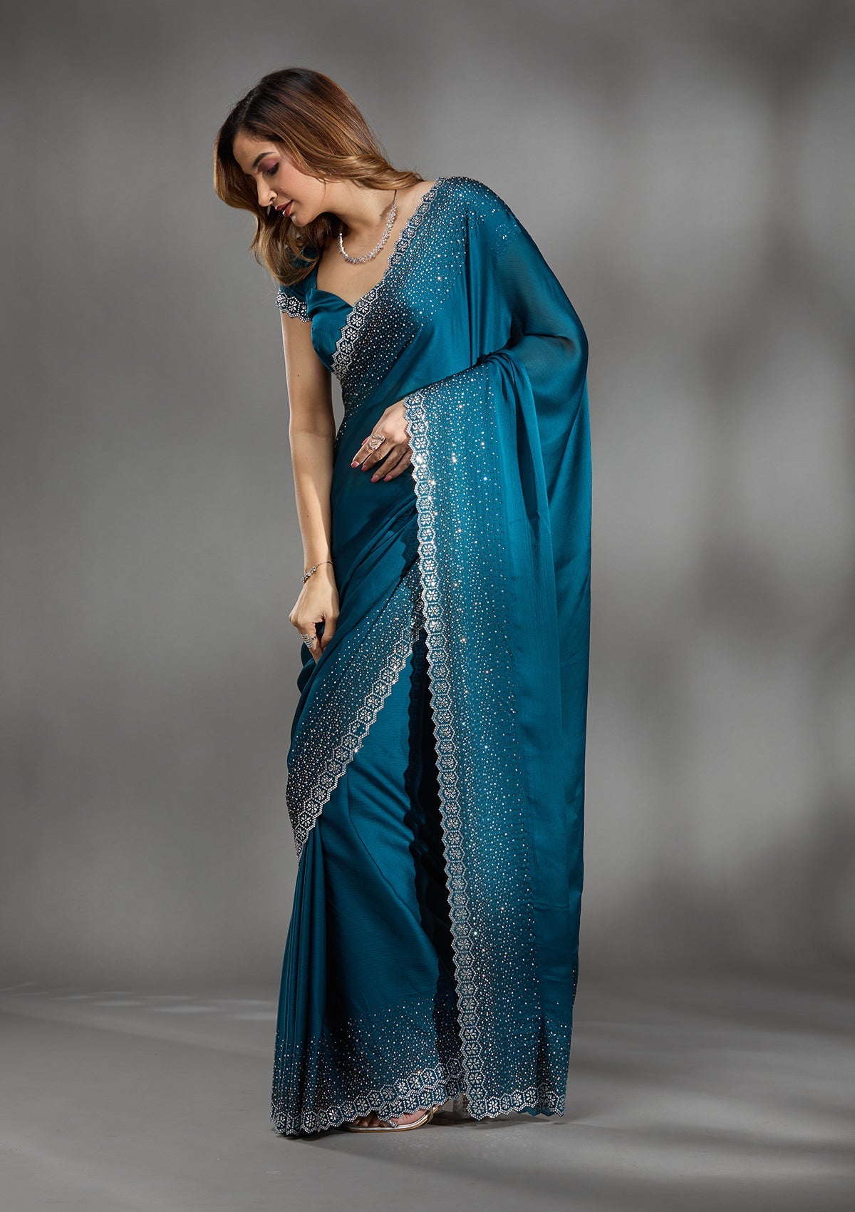 Peacock Blue Stonework Chiffon Saree-Koskii