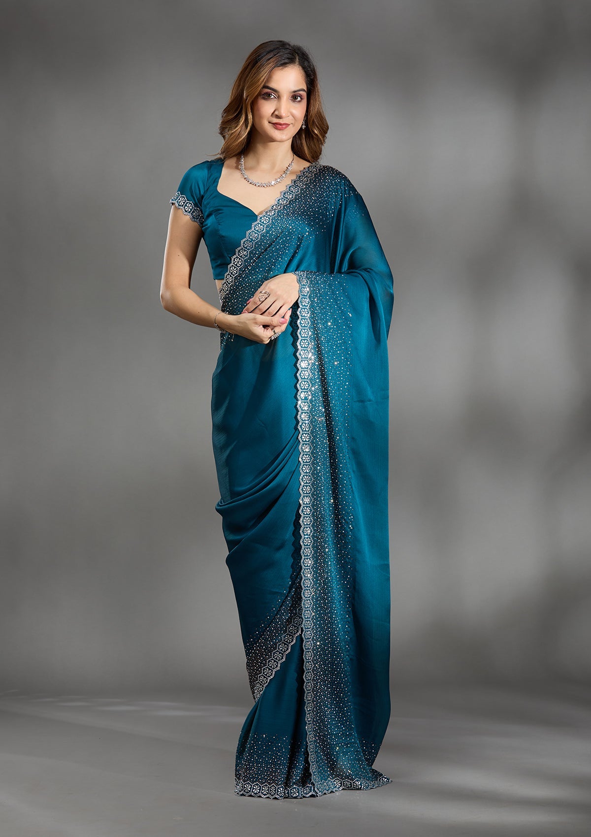 Peacock Blue Stonework Chiffon Saree-Koskii