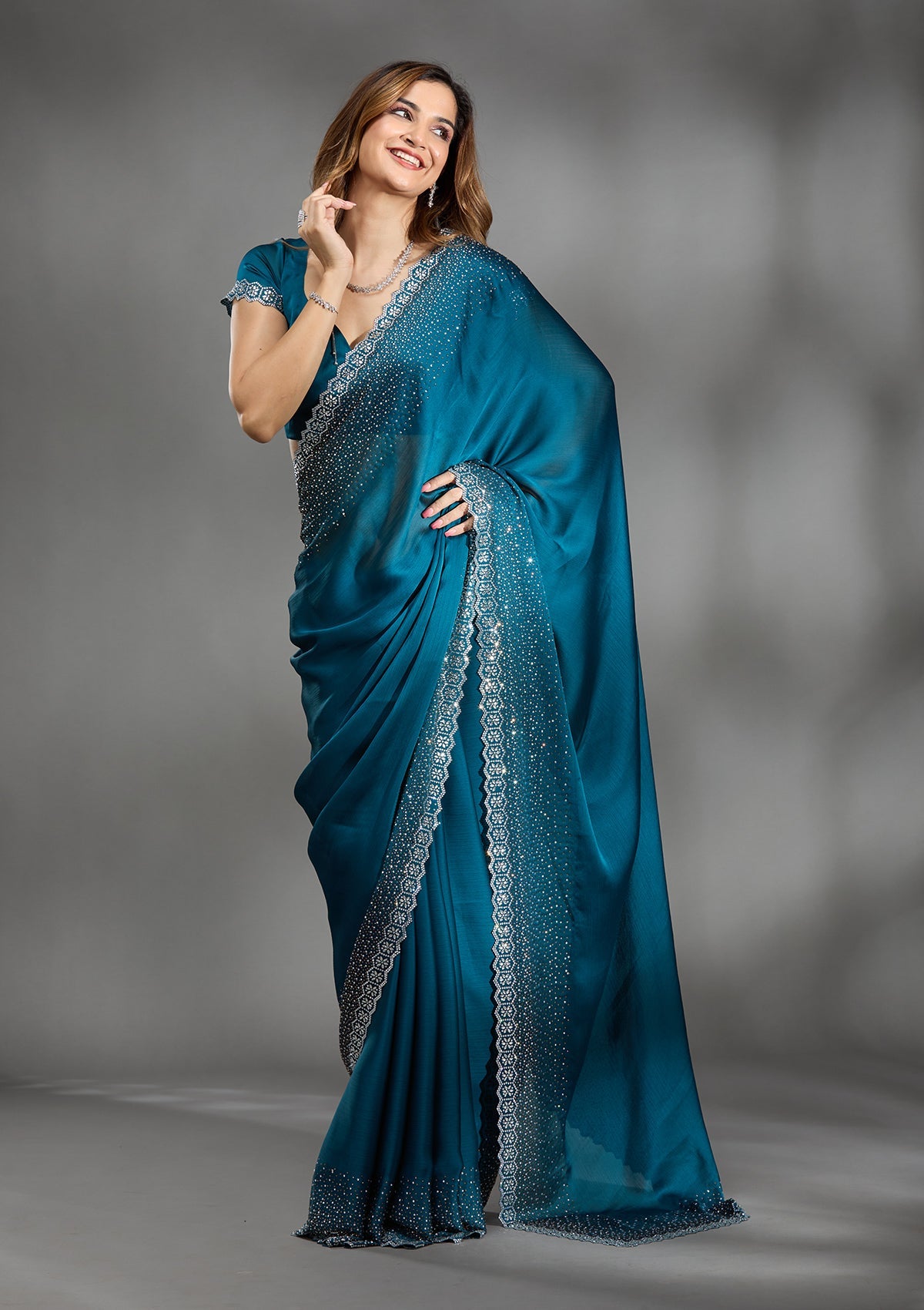 Peacock Blue Stonework Chiffon Saree-Koskii