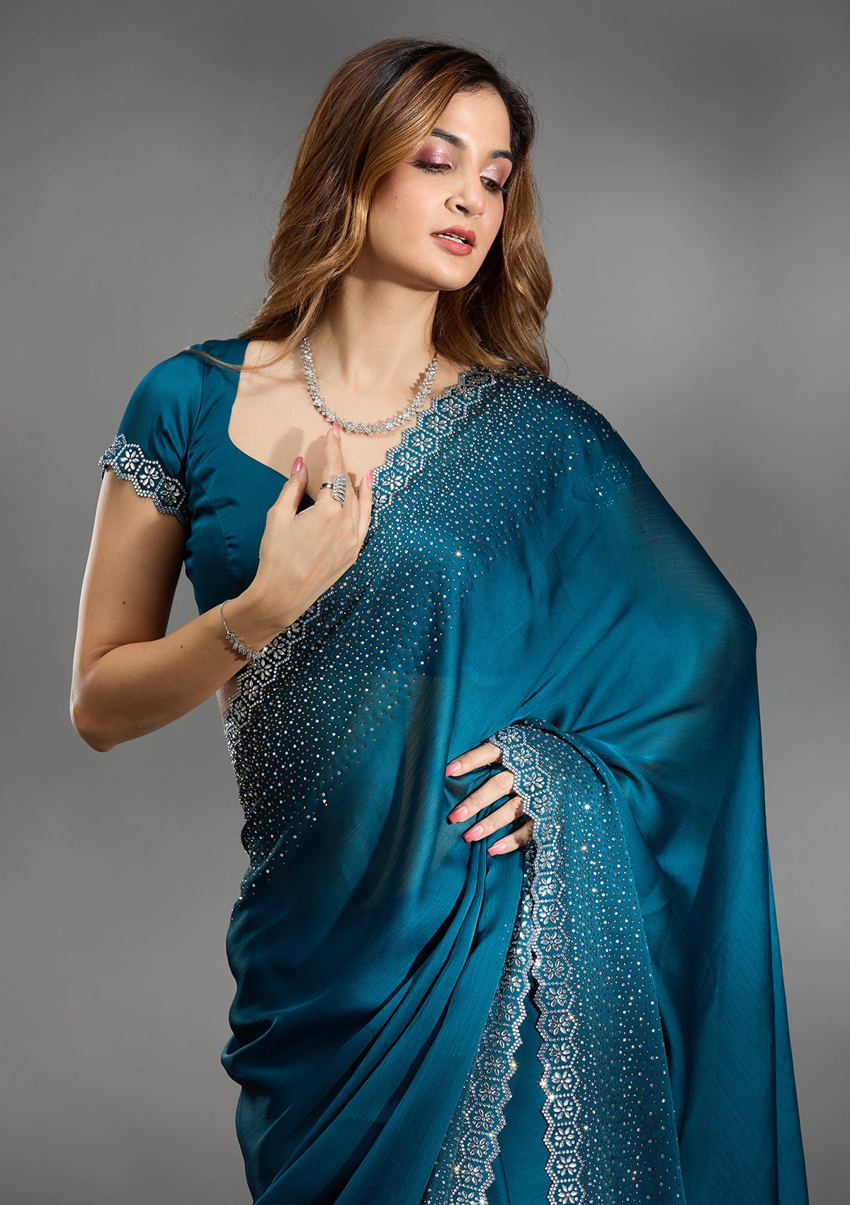 Peacock Blue Stonework Chiffon Saree-Koskii