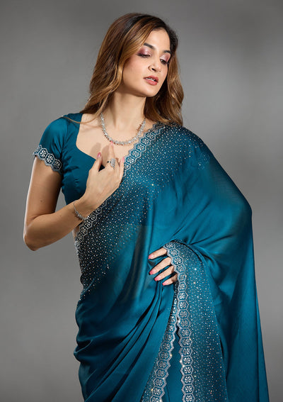 Peacock Blue Stonework Chiffon Saree-Koskii