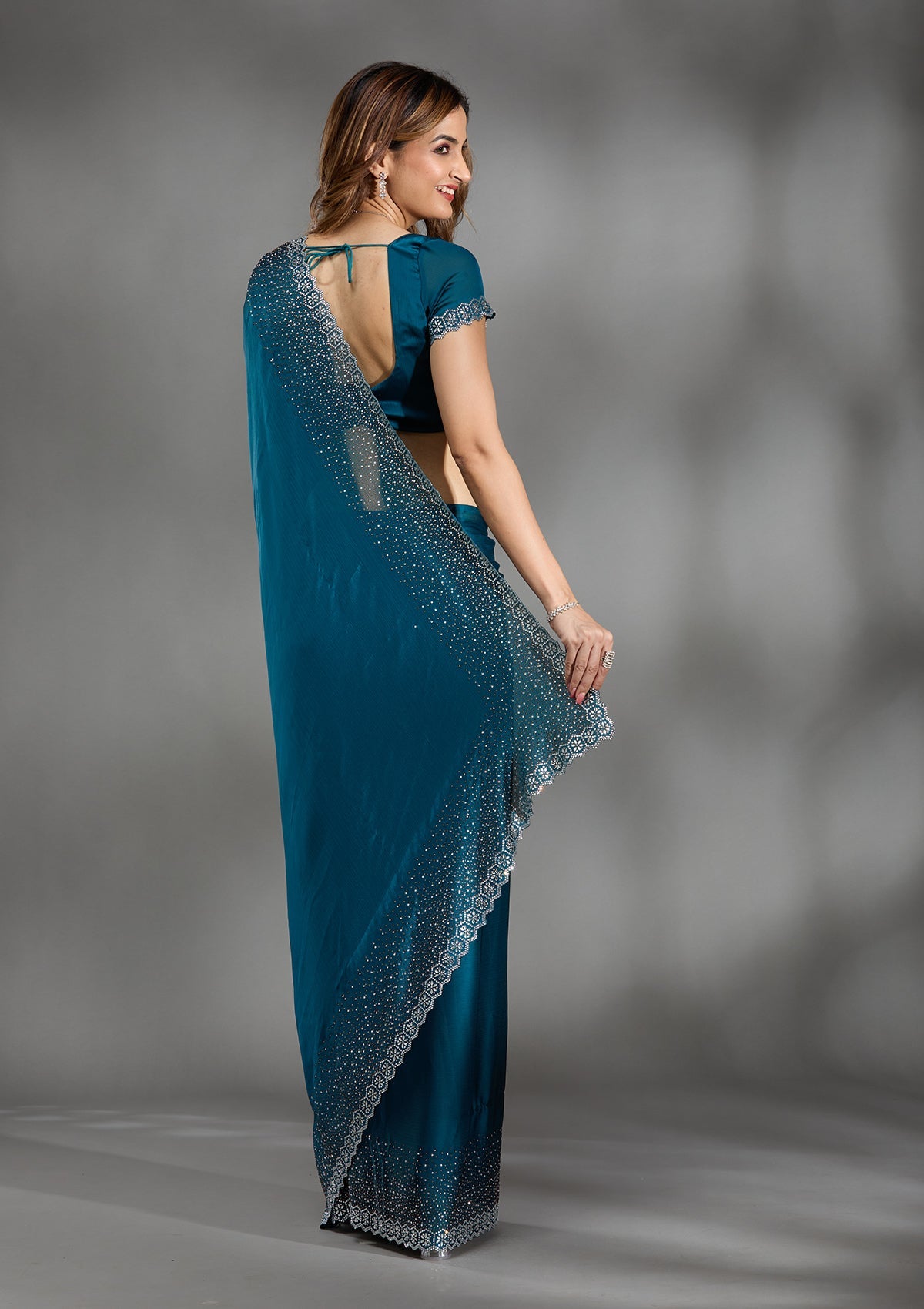 Peacock Blue Stonework Chiffon Saree-Koskii