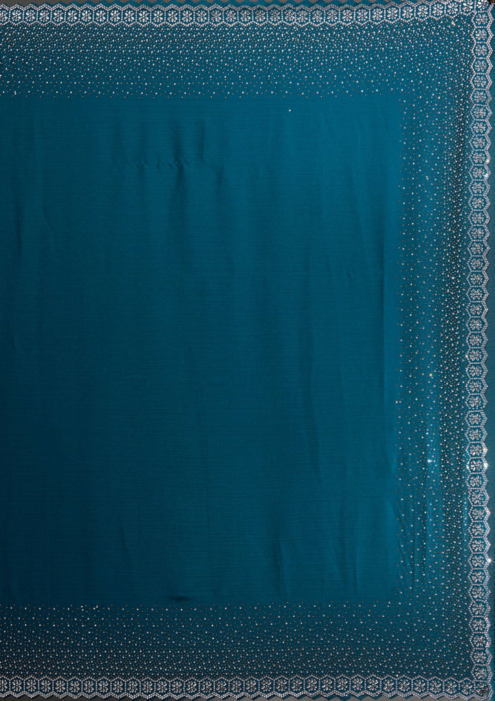 Peacock Blue Stonework Chiffon Saree-Koskii