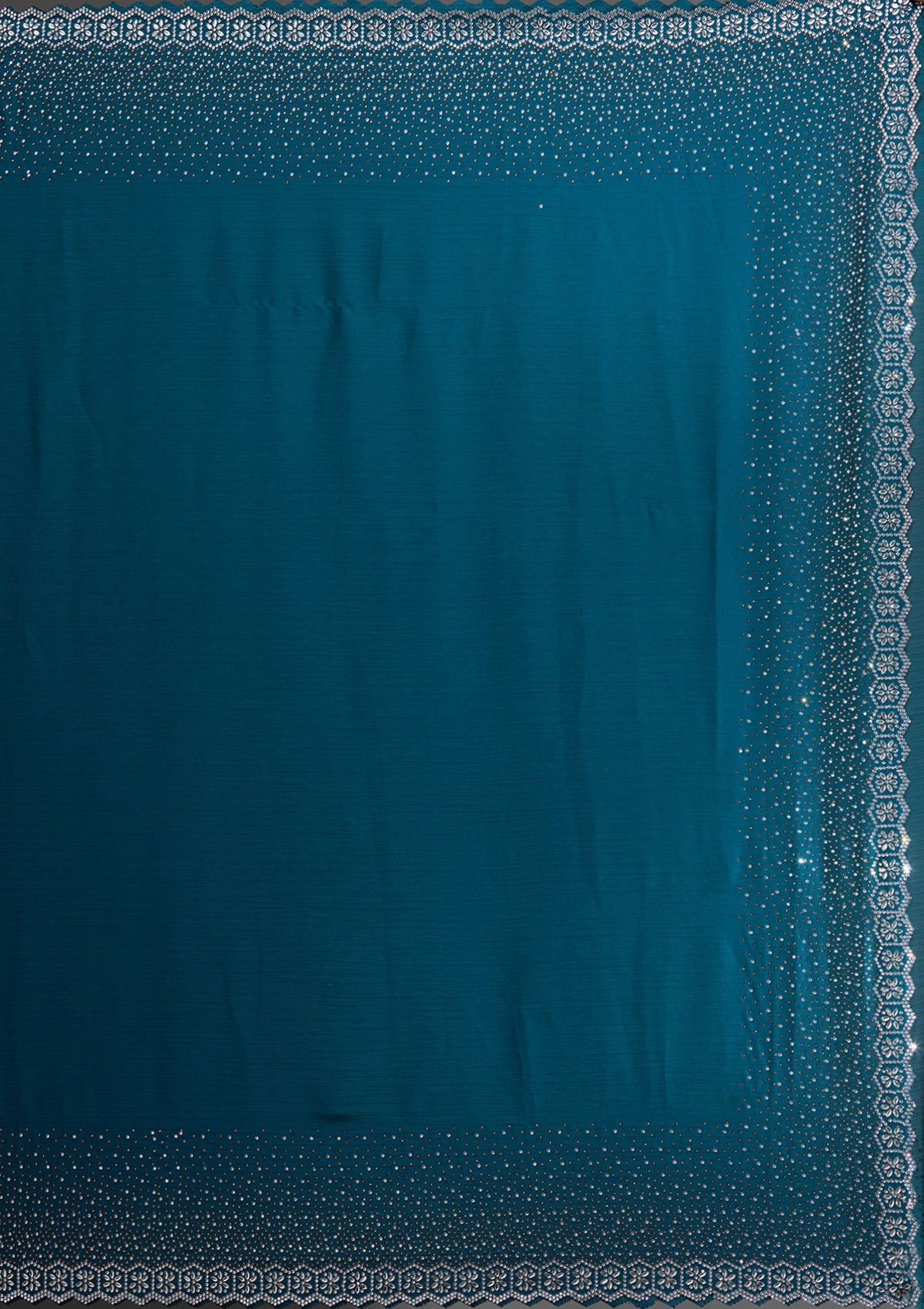 Peacock Blue Stonework Chiffon Saree-Koskii