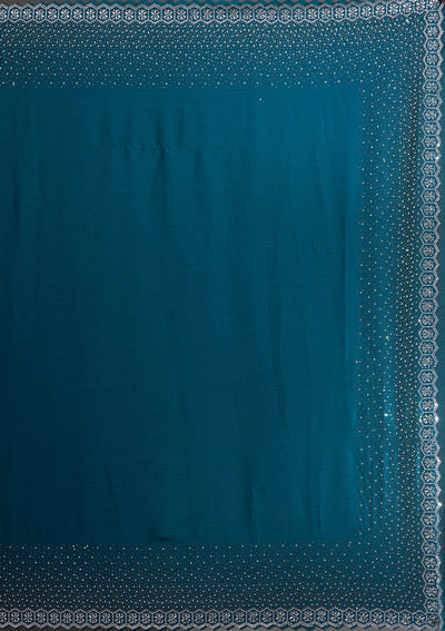 Peacock Blue Stonework Chiffon Saree-Koskii