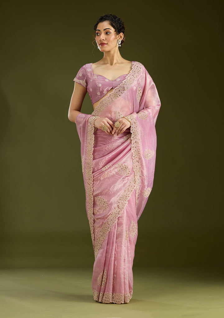 Pink Cutwork Tissue Saree