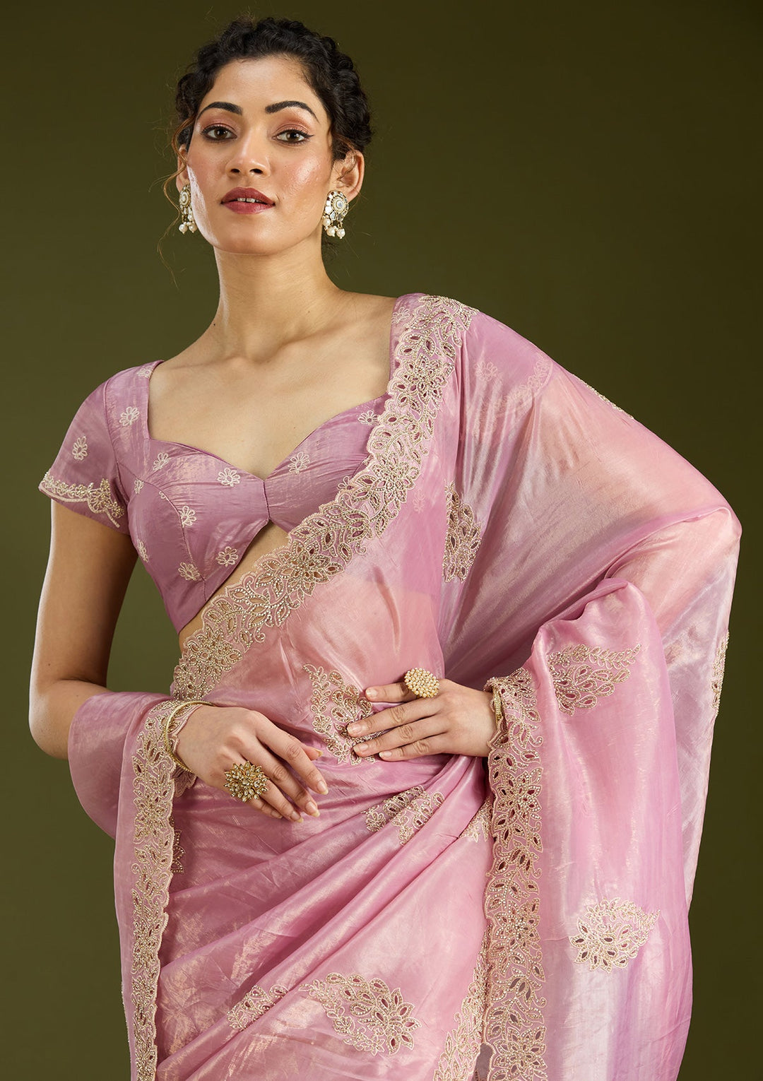 Pink Cutwork Tissue Saree