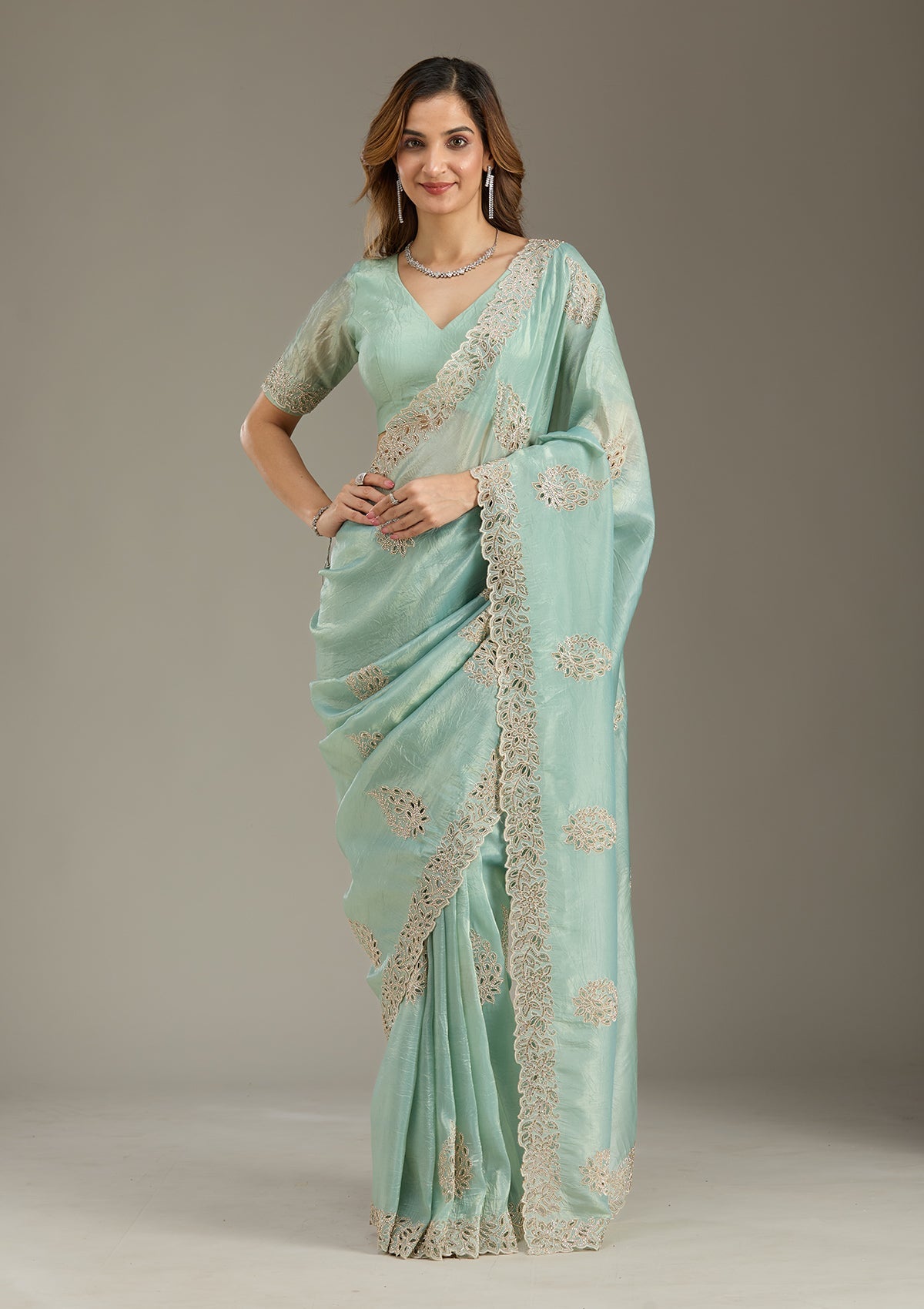 Sea Green Cutwork Tissue Saree-Koskii