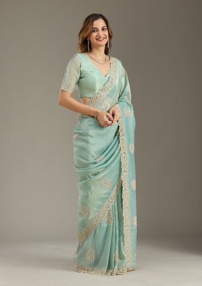 Sea Green Cutwork Tissue Saree-Koskii
