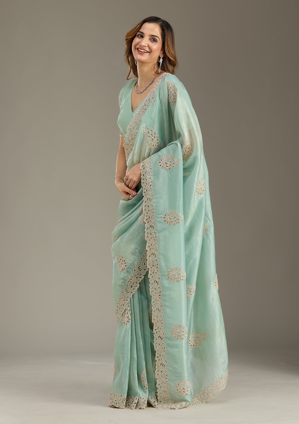 Sea Green Cutwork Tissue Saree-Koskii