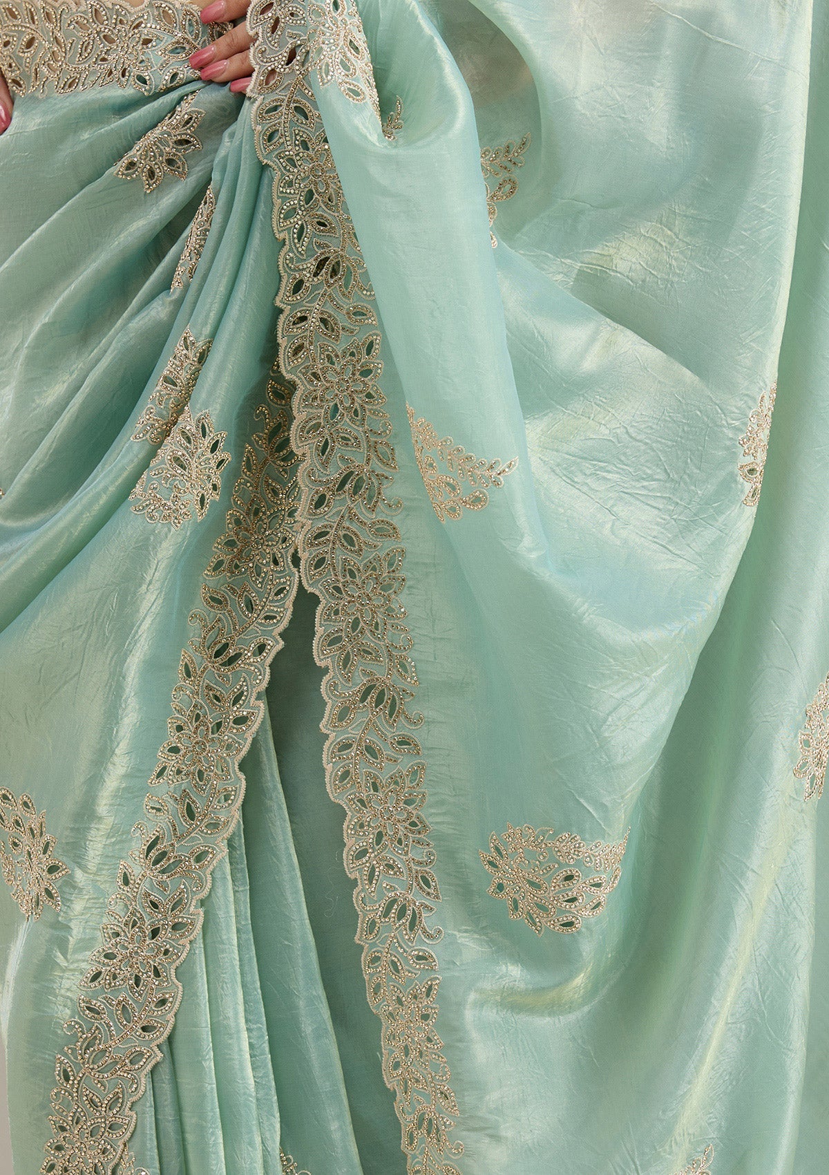 Sea Green Cutwork Tissue Saree-Koskii