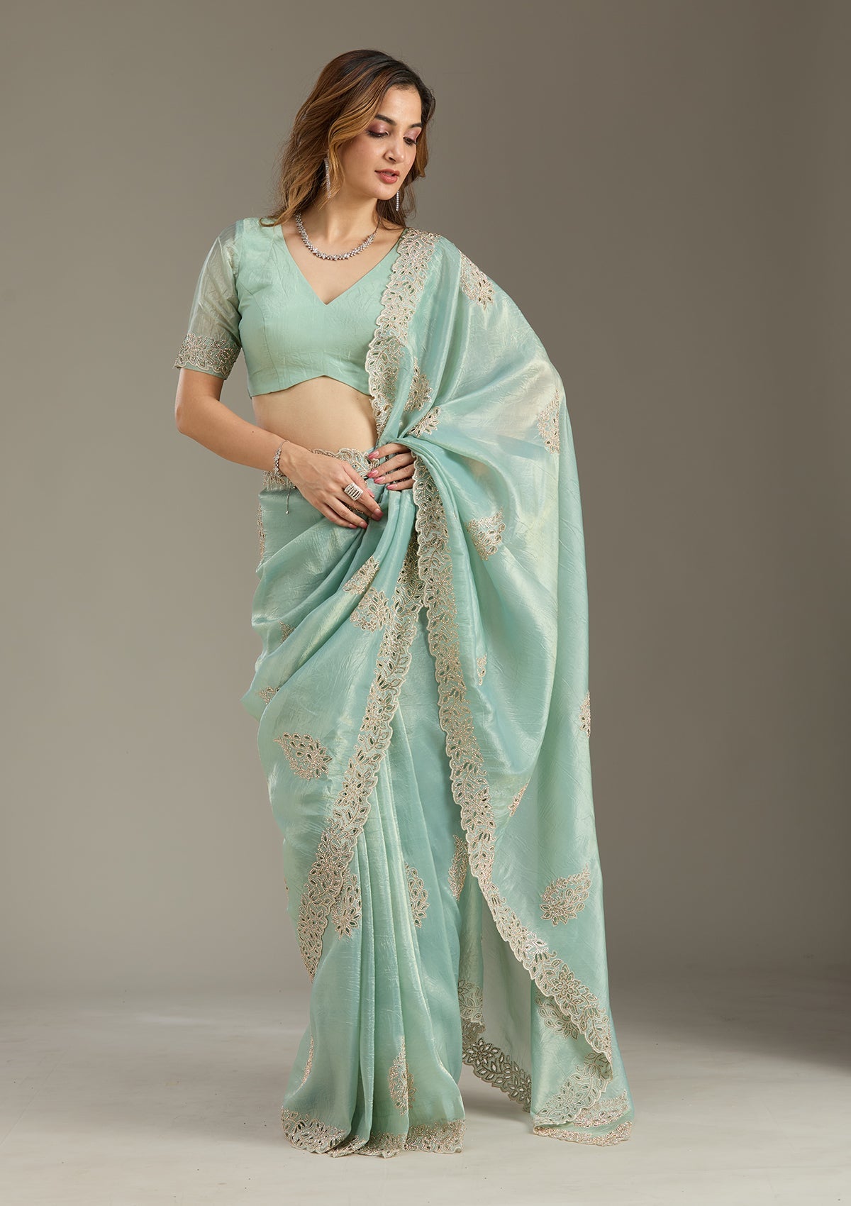 Sea Green Cutwork Tissue Saree-Koskii