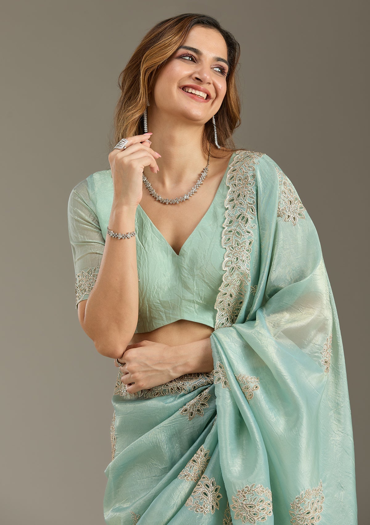 Sea Green Cutwork Tissue Saree-Koskii