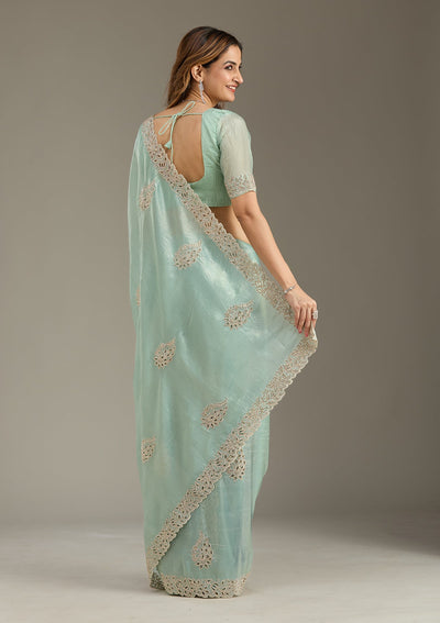 Sea Green Cutwork Tissue Saree-Koskii