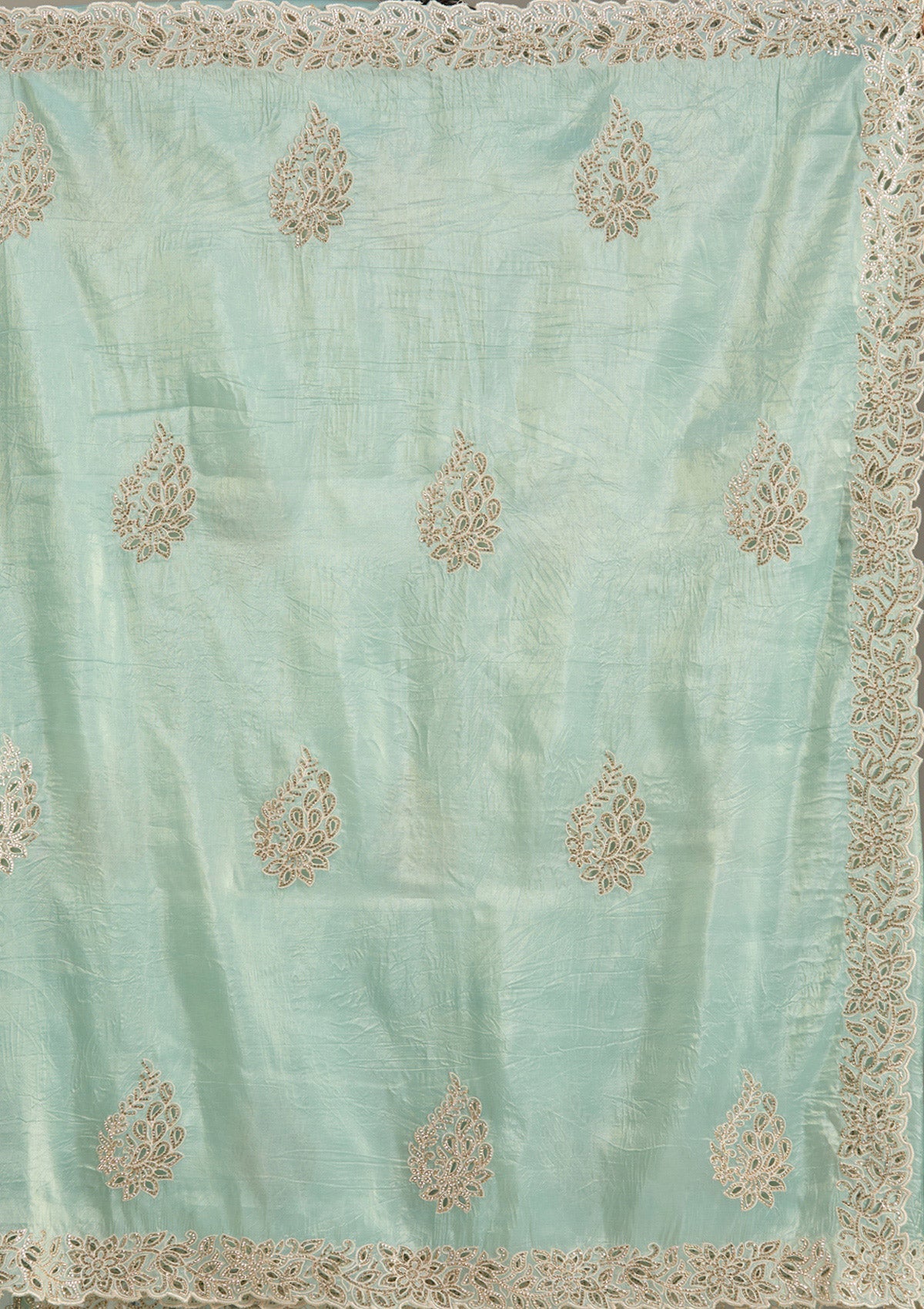 Sea Green Cutwork Tissue Saree-Koskii
