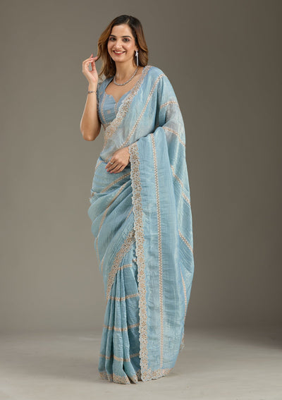 Blue Cutwork Tissue Saree-Koskii
