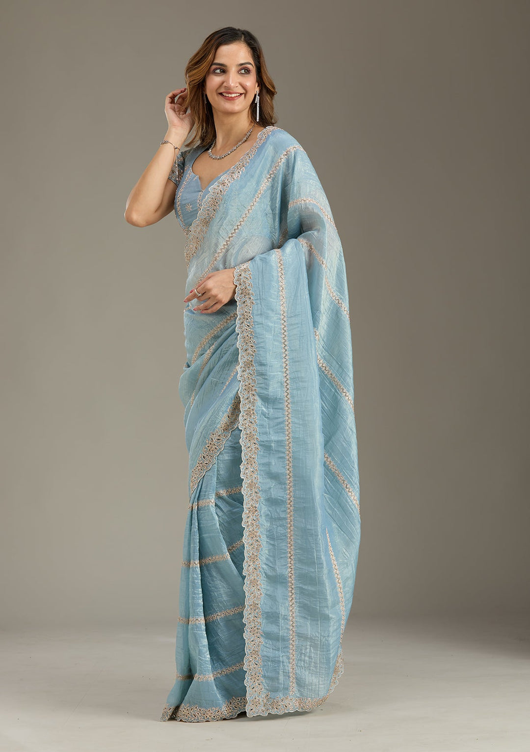 Blue Cutwork Tissue Saree-Koskii