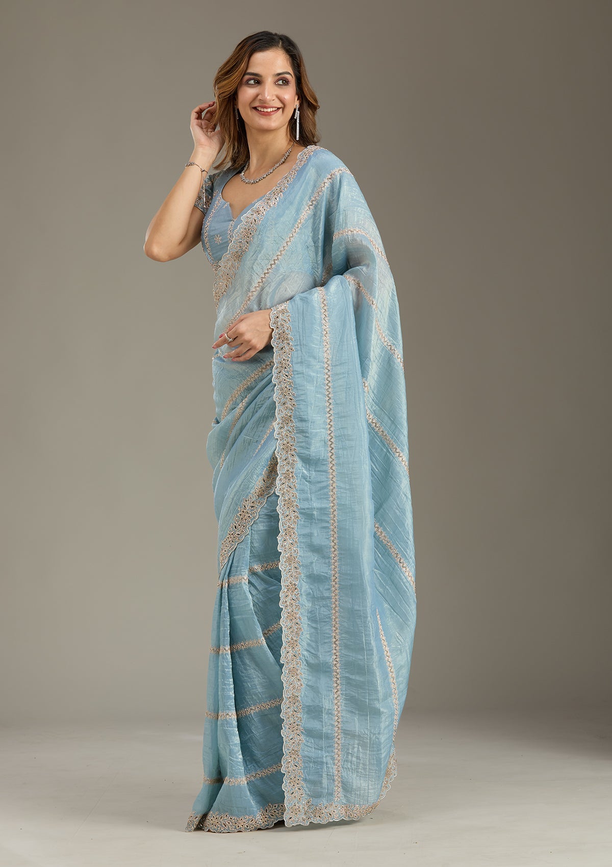 Blue Cutwork Tissue Saree-Koskii