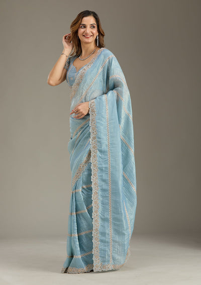 Blue Cutwork Tissue Saree-Koskii