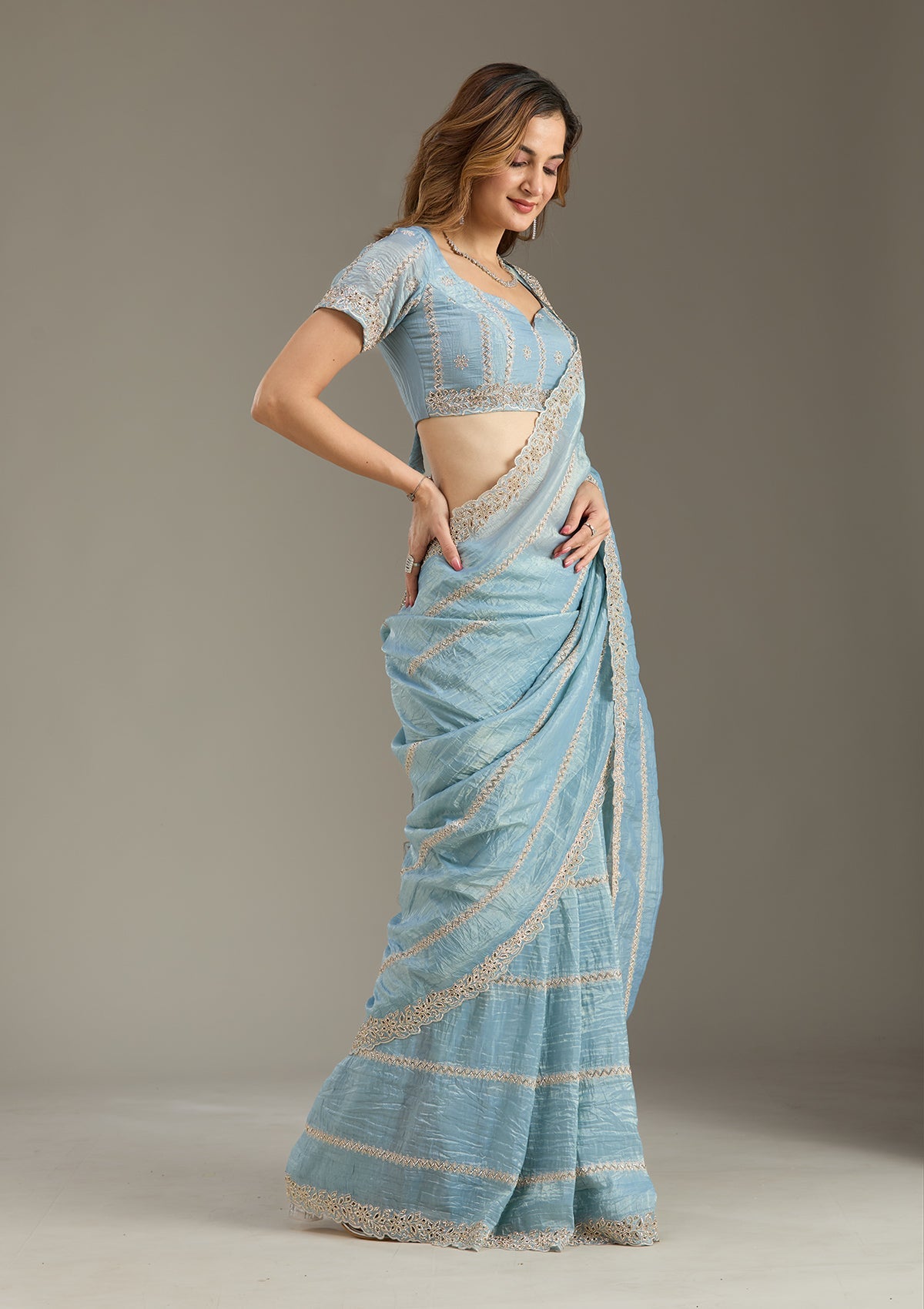 Blue Cutwork Tissue Saree-Koskii