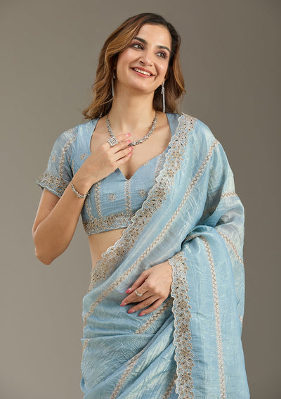 Blue Cutwork Tissue Saree-Koskii