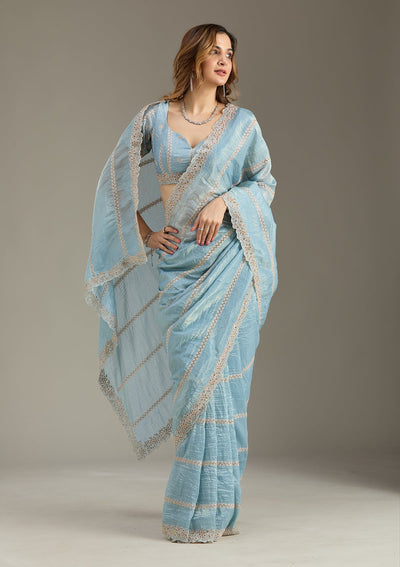 Blue Cutwork Tissue Saree-Koskii