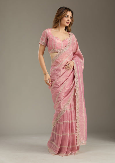 Pink Cutwork Tissue Saree-Koskii