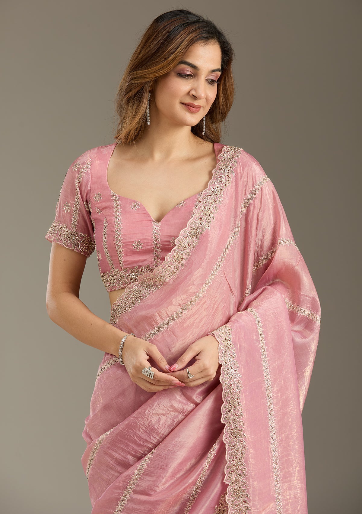 Pink Cutwork Tissue Saree-Koskii
