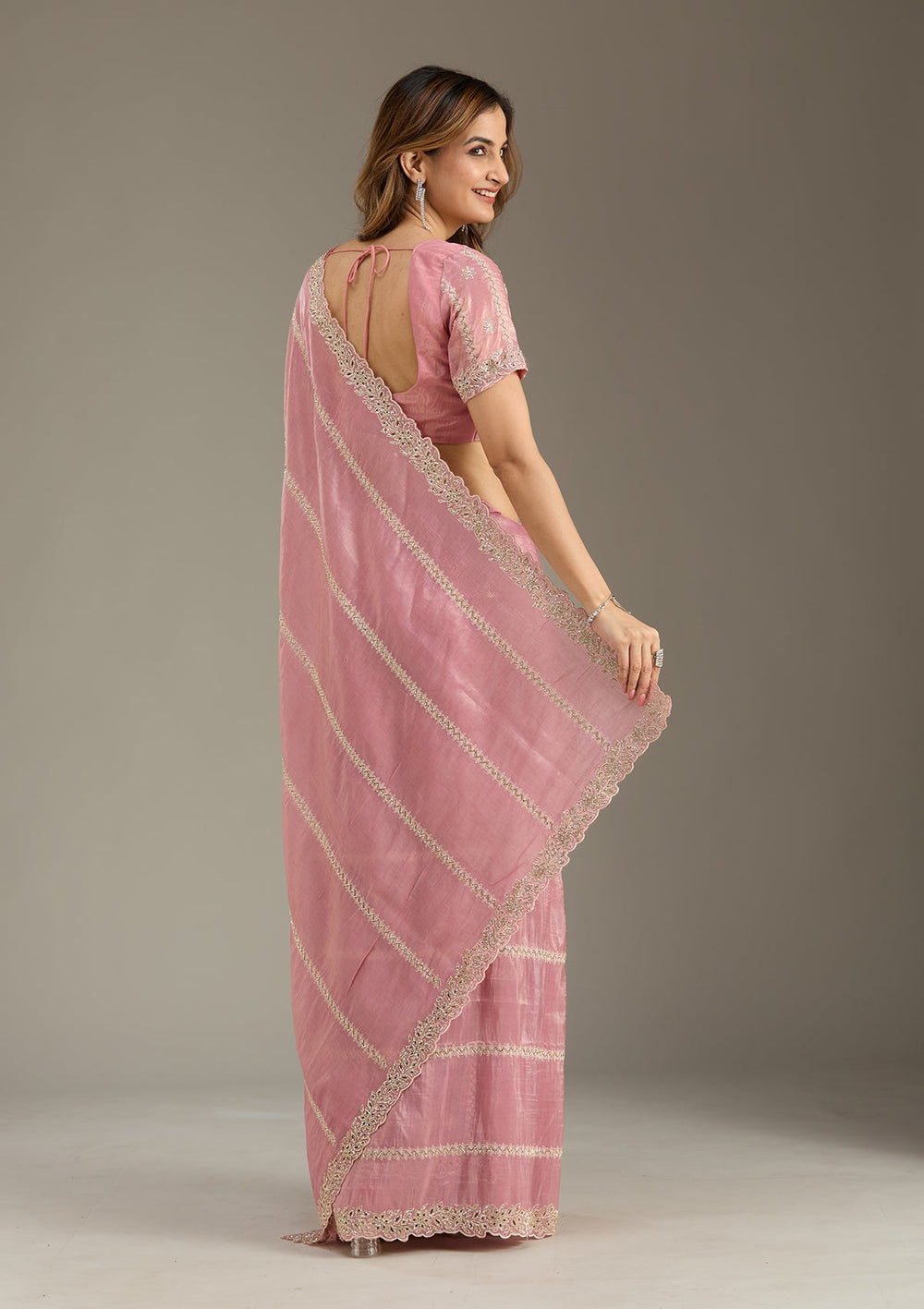 Pink Cutwork Tissue Saree-Koskii