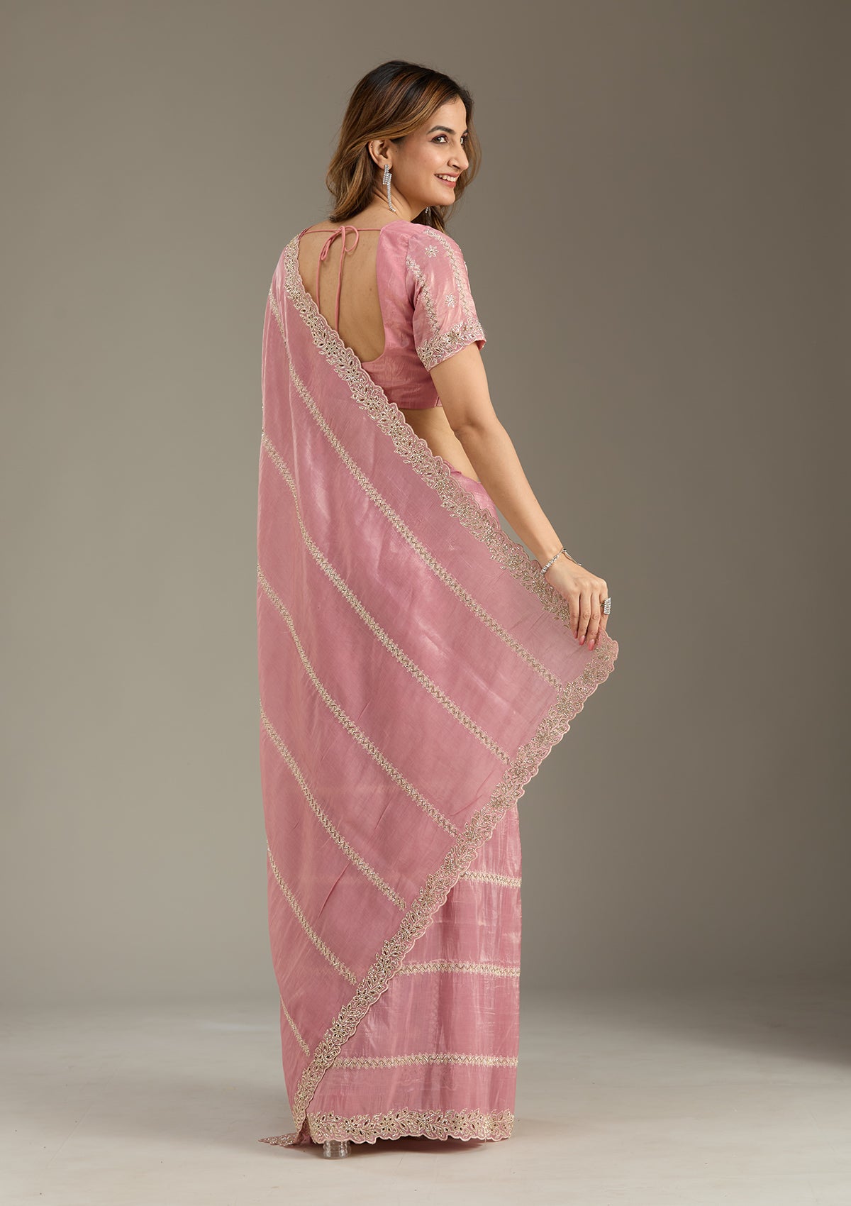 Pink Cutwork Tissue Saree-Koskii