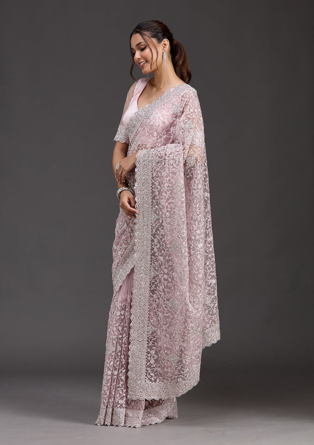 Pink Stonework Chiffon Saree_koskii