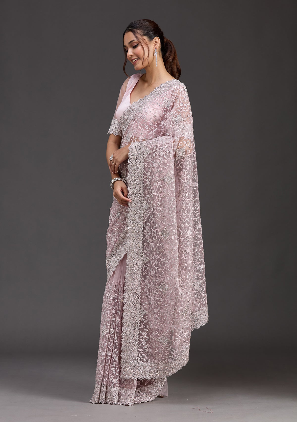 Pink Stonework Chiffon Saree-koskii