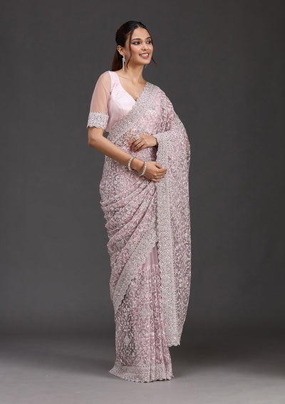 Pink Stonework Chiffon Saree-koskii