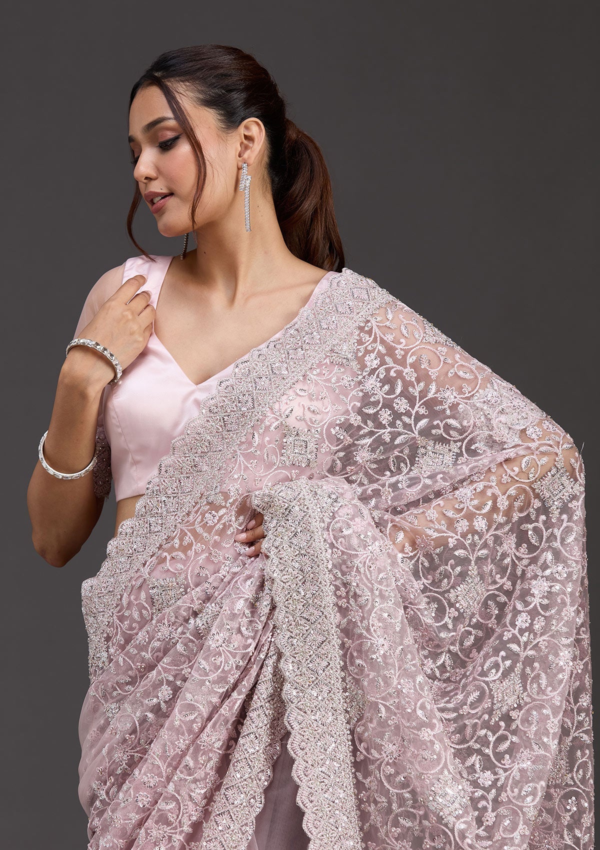 Pink Stonework Chiffon Saree-koskii