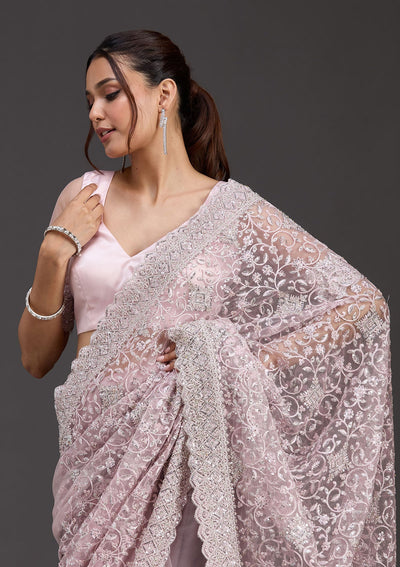 Pink Stonework Chiffon Saree-koskii