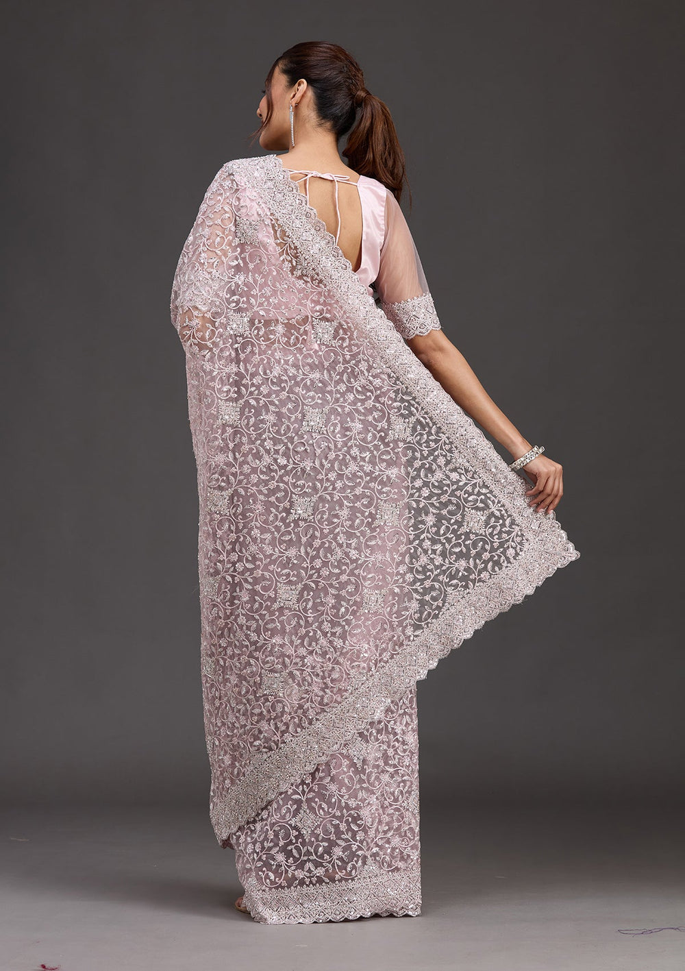 Pink Stonework Chiffon Saree-koskii