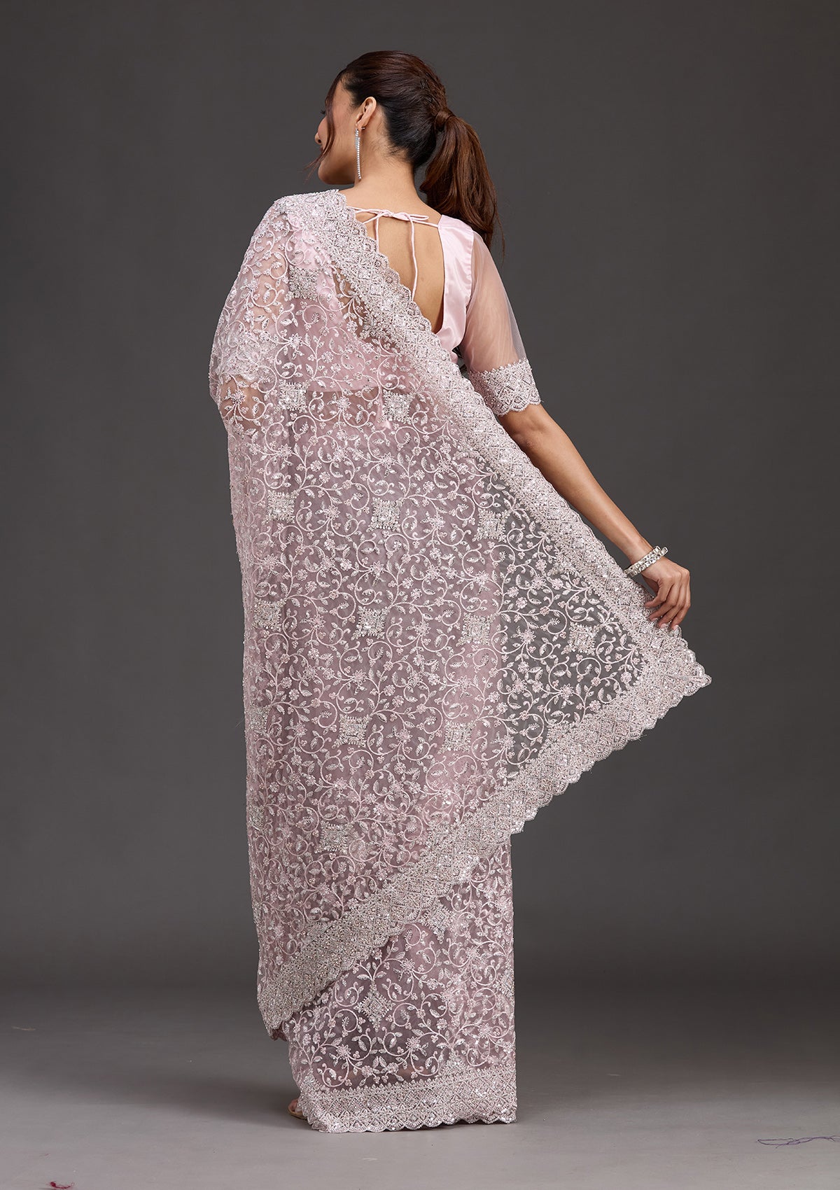 Pink Stonework Chiffon Saree-koskii