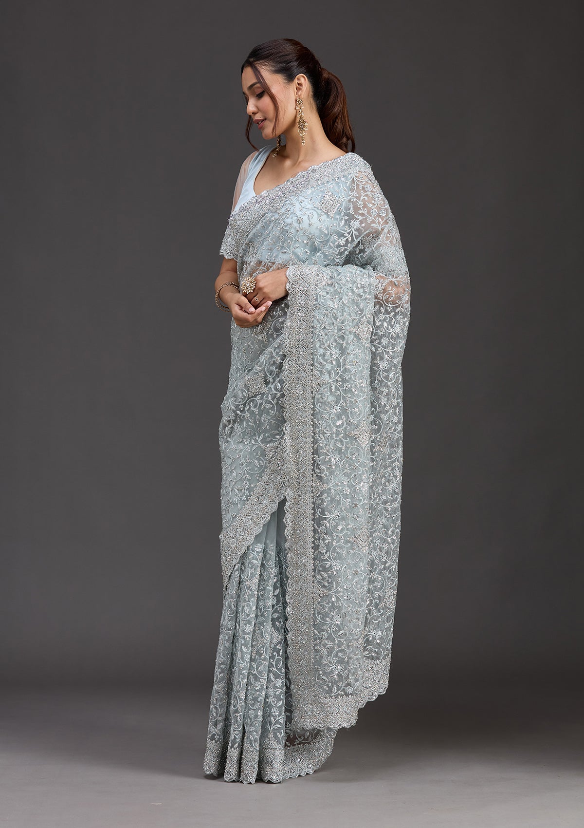 Sky Blue Stonework Chiffon Saree-koskii