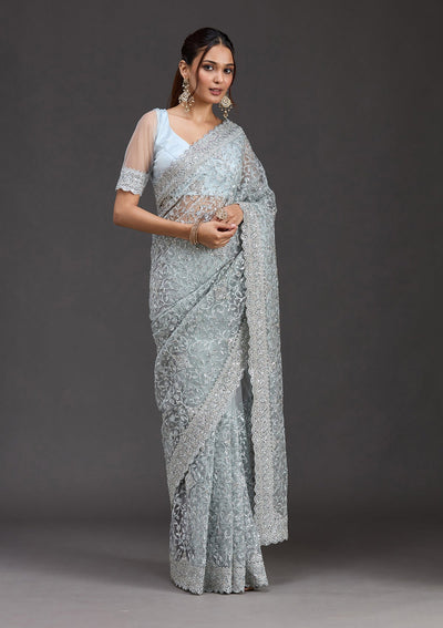 Sky Blue Stonework Chiffon Saree-koskii